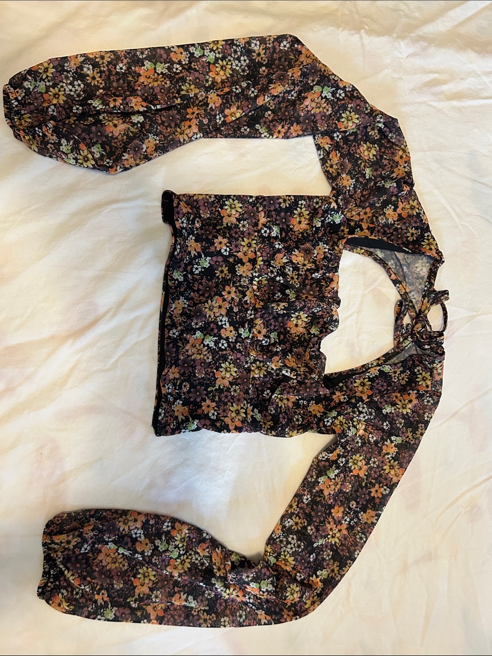 Floral Tie-Back Long Sleeve Crop Top sheer sleeves open back retro